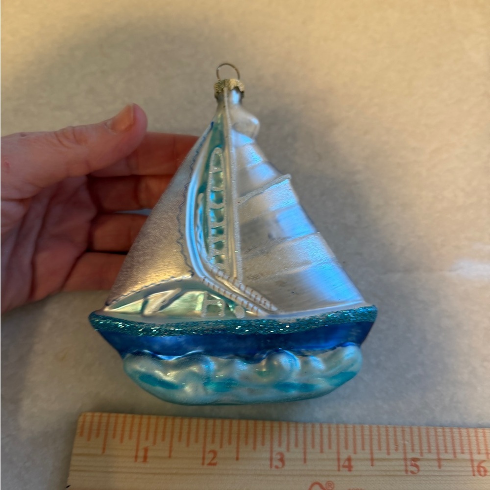 Blue and Silver Sailboat Blown Glass Ornament - Picture 4 of 4